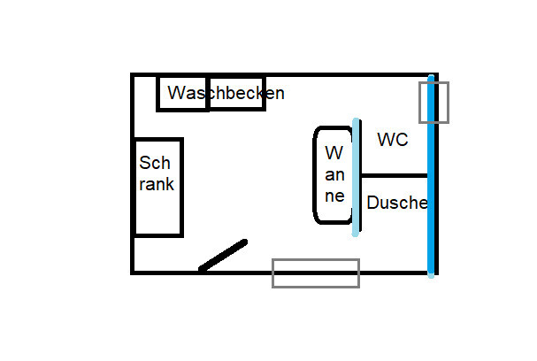 Grundriss eines Badezimmers: Waschbecken links, Schrank links, Wanne Mitte, WC und Dusche rechts.
