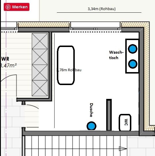 Grundriss eines Badezimmers mit Waschtisch (zwei Becken), Dusche und WC.
