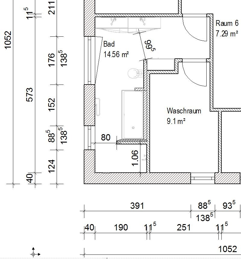 2D-Grundriss eines Badezimmers und Waschraums mit Maßen