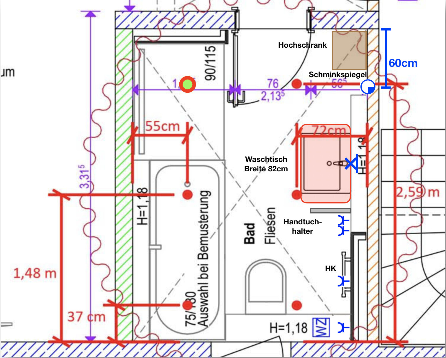 Grundriss eines Badezimmers mit Waschtisch, WC, Handtuchhalter, Schminkspiegel und Hochschrank.