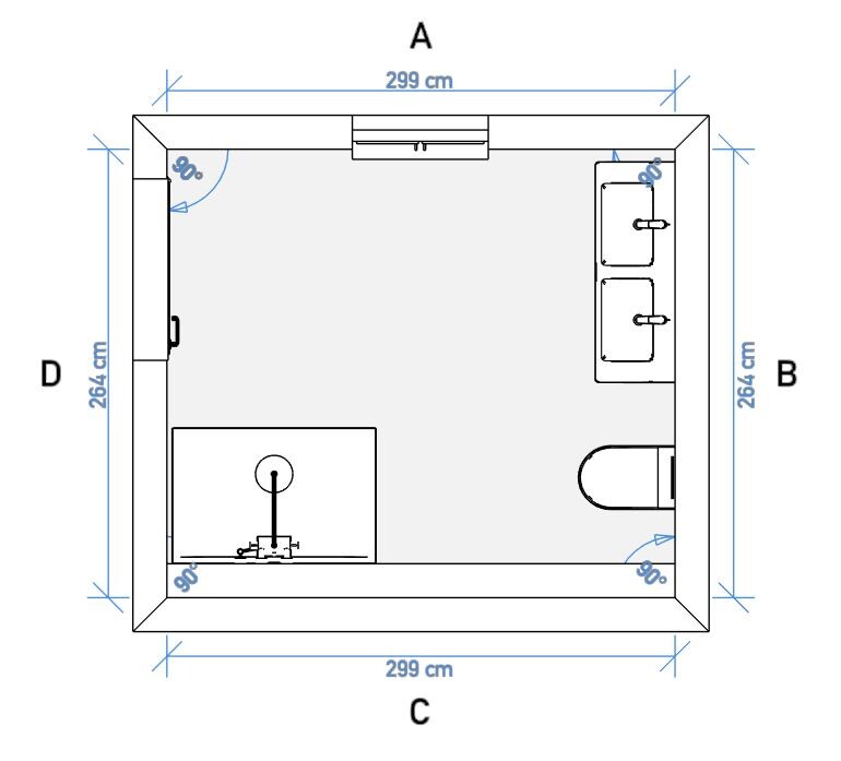 Badezimmer-Grundrissplan mit Waschtisch, WC und Abmessungen 299 cm x 264 cm
