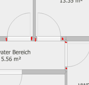 Grundriss eines Badezimmerbereichs mit Türen, Wasserbereich 5.56 m2