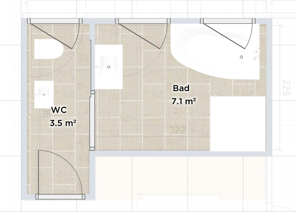 Grundriss: Bad 7,1 m² mit Badewanne; WC 3,5 m² daneben. Waschbecken sichtbar.