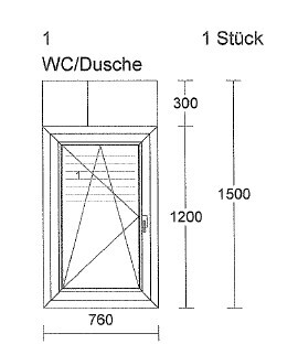 2D Badgrundriss mit Fenster, WC/Dusche und Maße 760 mm Breite