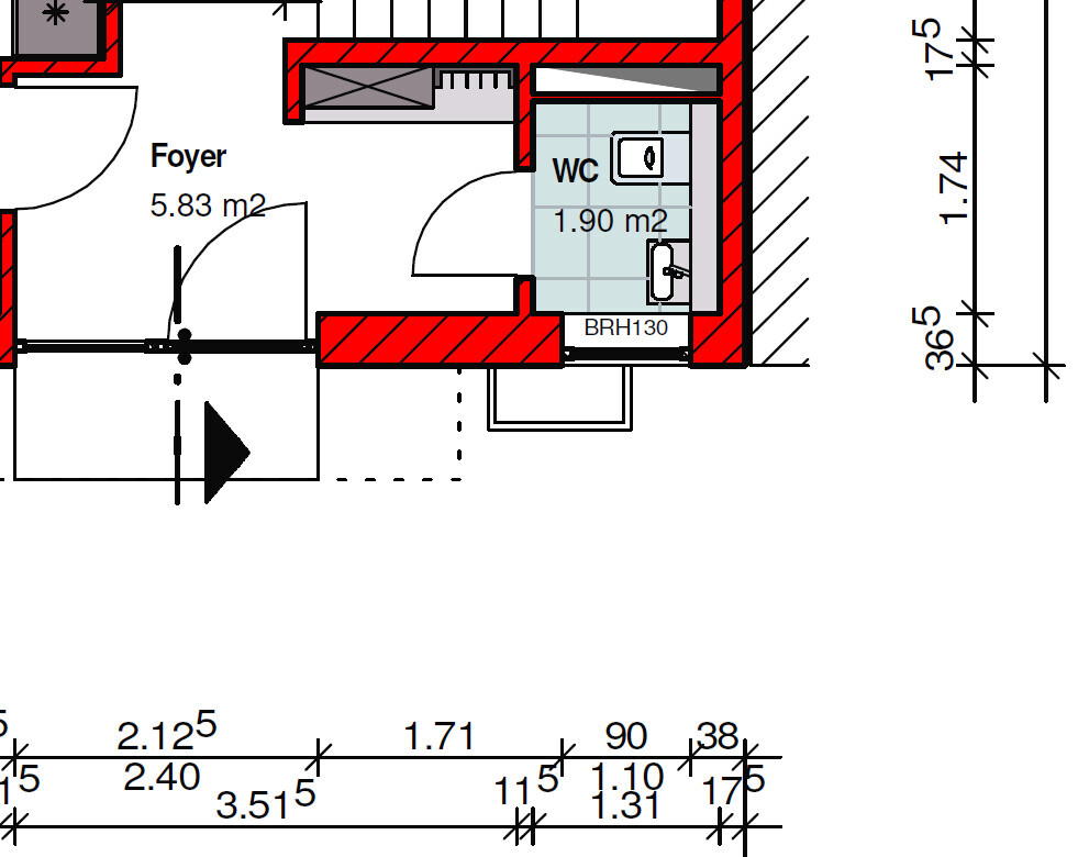Grundriss eines Foyers mit kleinem WC (5,83 m² bzw. 1,90 m²), rote Wände und Türen.