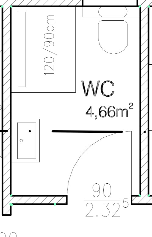 Kleines Badezimmergrundriss: WC rechts, Waschbecken links, Dusche 120×90 cm, Tür nach innen.