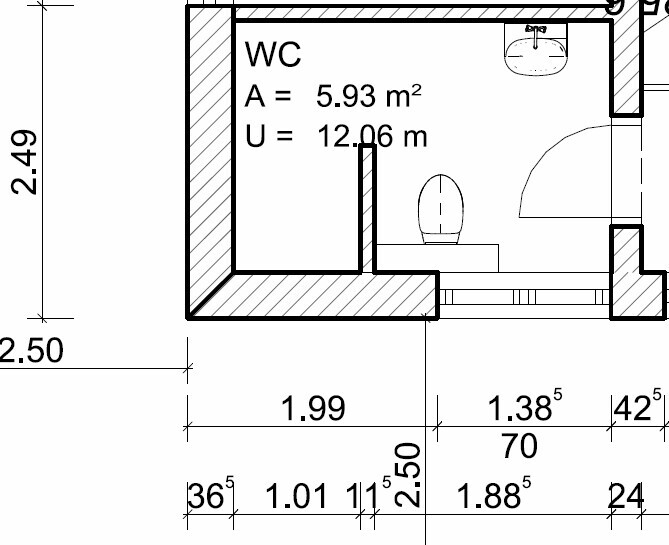 Grundriss eines WC-Badezimmers mit Tür, Toilette und Waschbecken