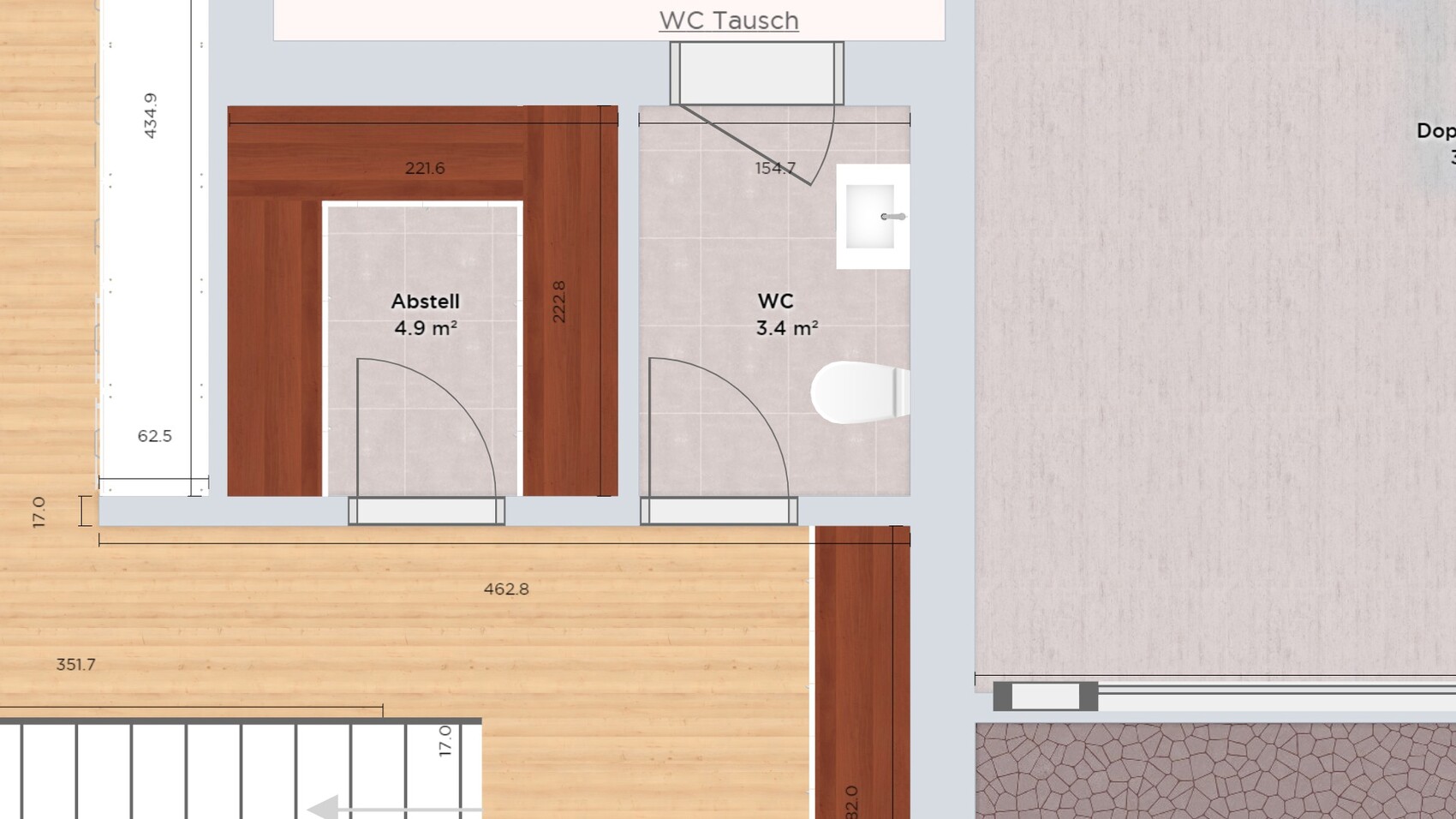 Grundriss mit Abstellraum (4,9 m²) links und WC (3,4 m²) rechts; Waschtisch im WC, Türen sichtbar.