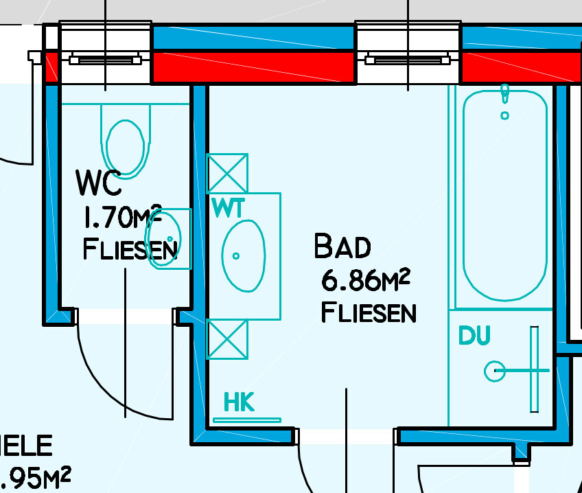 Grundriss von WC (1,70 m²) und Bad (6,86 m²) mit Fliesen, Dusche rechts.