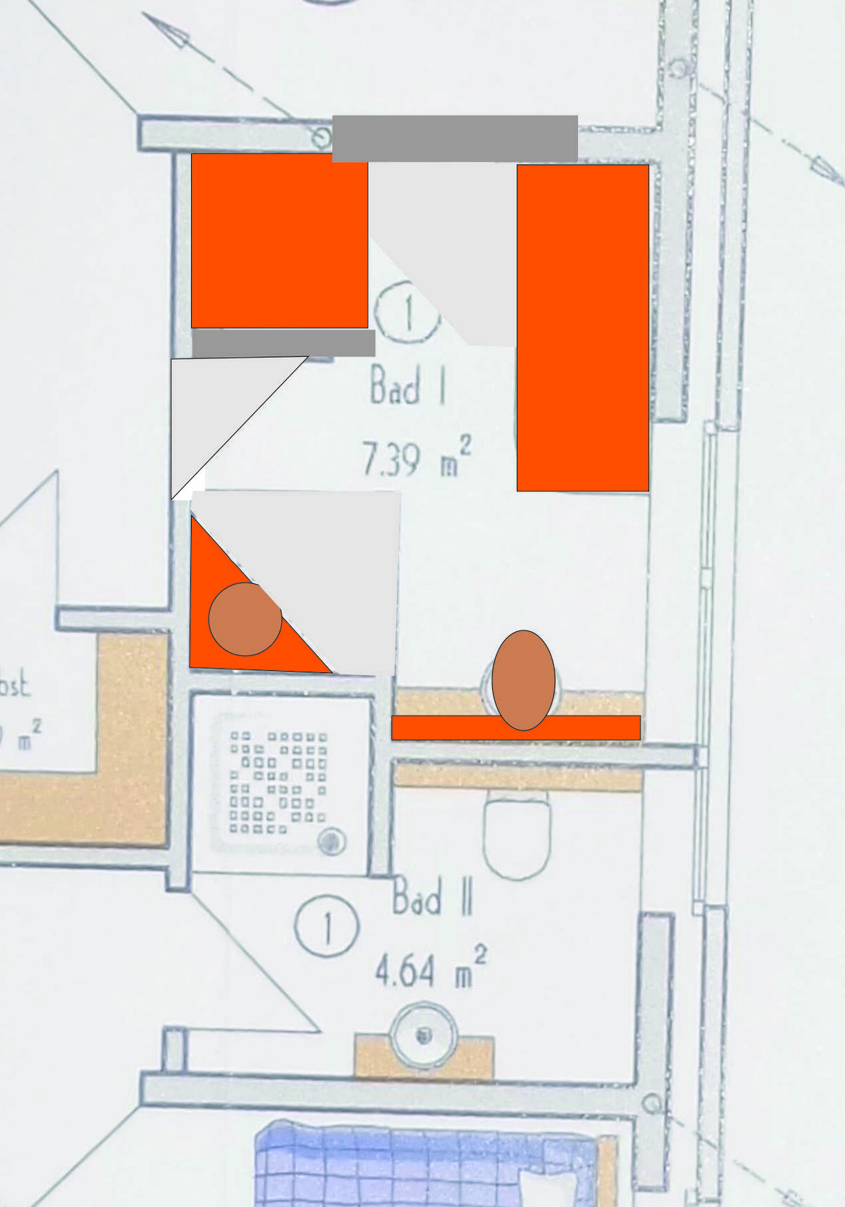 Grundriss einer Wohnung mit Bad I und Bad II; orange Rechtecke, graue Dreiecke und braune Kreise.