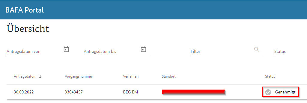 BAFA Portal Übersicht; Genehmigter BEG EM-Antrag, 30.09.2022; Vorgang 93043457; Standort redacted.