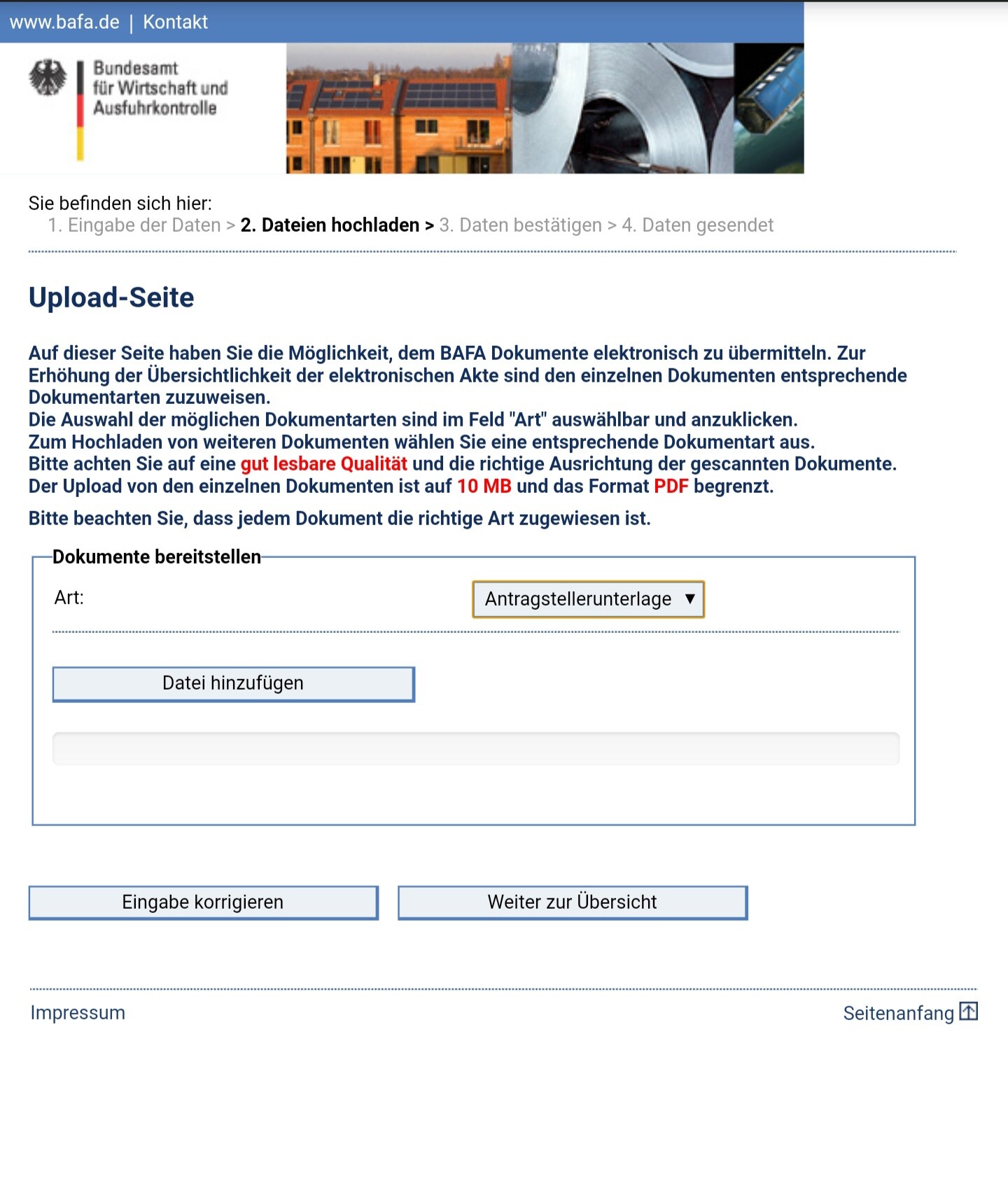 BAFA Upload-Seite: Webseite zum Hochladen von Antragsunterlagen, Auswahl Datei hinzufügen