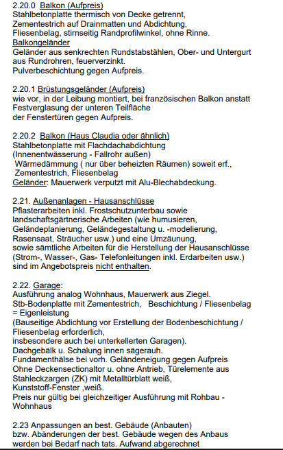 Dokument mit Optionen und Preisen zu Balkonen, Brüstungen, Außenanlagen und Garage