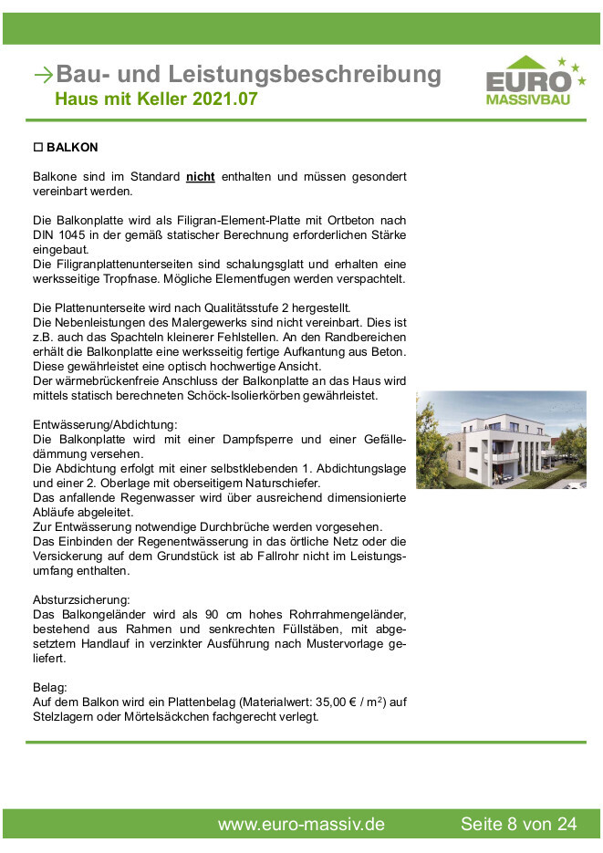 Seitenbild einer Bau- und Leistungsbeschreibung mit Balkonthema und kleinem Hausfoto.