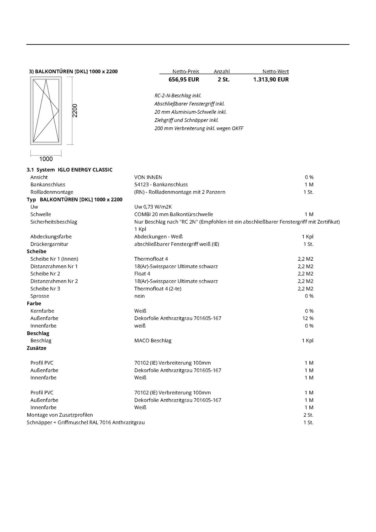 Technische Zeichnung einer Balkontür 1000x2200 mm mit Rahmen und Maßen.
