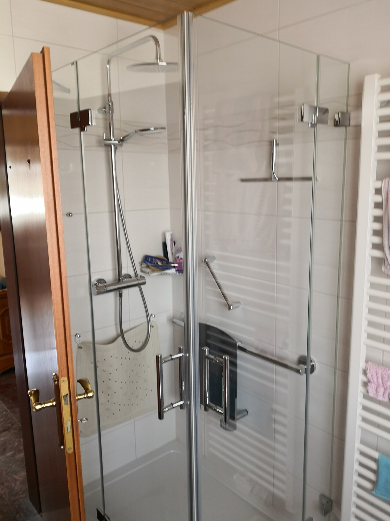 Moderne Glasduschkabine mit Edelstahlarmaturen, Regal und Handtuchheizkörper.