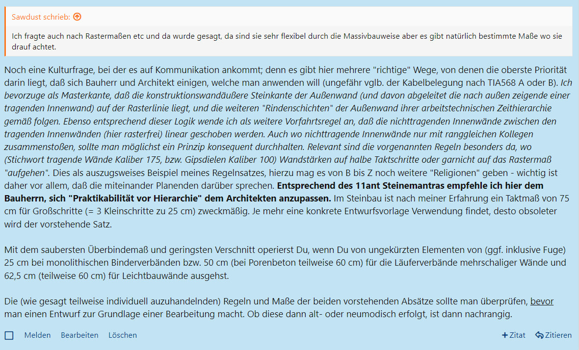 Screenshot eines Forenbeitrags mit Text 'Sawdust schrieb:' und langem Fachtext