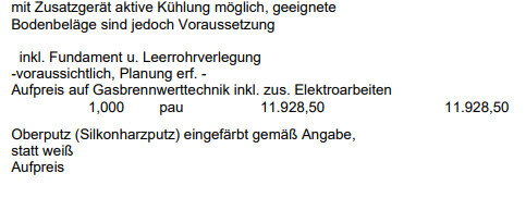 Textdokument mit Bauangebot und Kostenangaben zu Fundament und Planung