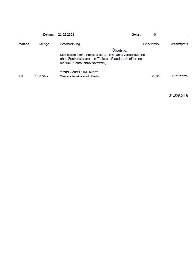 Belegseite mit Datum 22.02.2021; Seite 6; Position 360, 1 Stk.; Gesamt 31.039,54 €