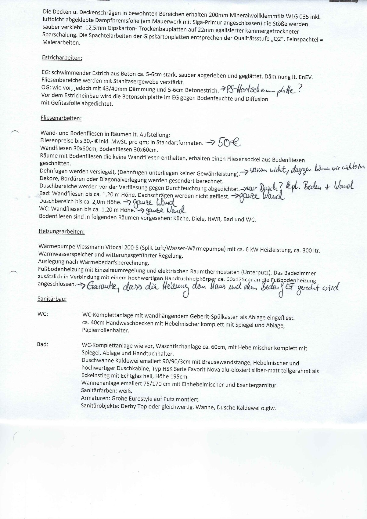 Kopie eines Baudokuments mit Estrich-, Fliesen-, Heizungs- und Sanitärtexten