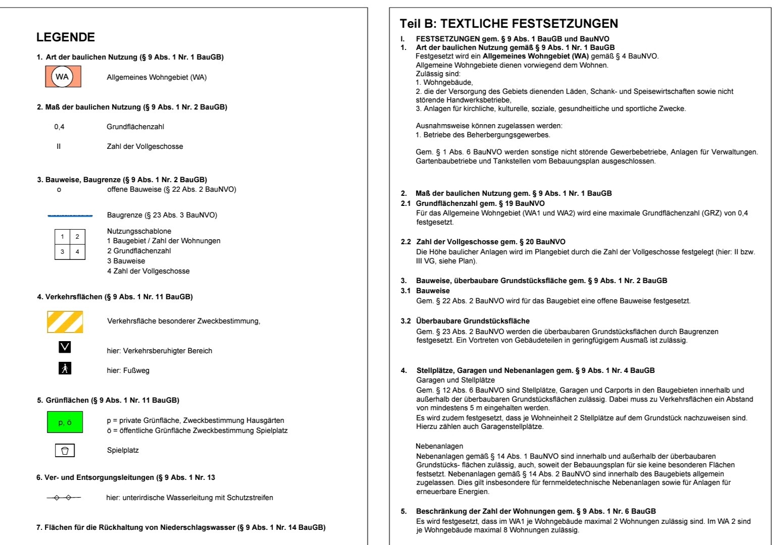 Zwei Seiten Bauleitplan: Legende links, textliche Festsetzungen rechts.