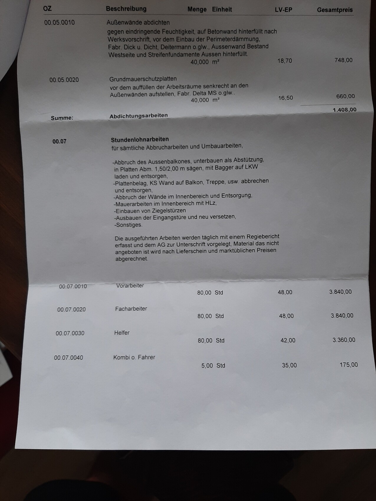 Kostenübersicht eines Bauauftrags mit Positionen, Mengen und Preisen.