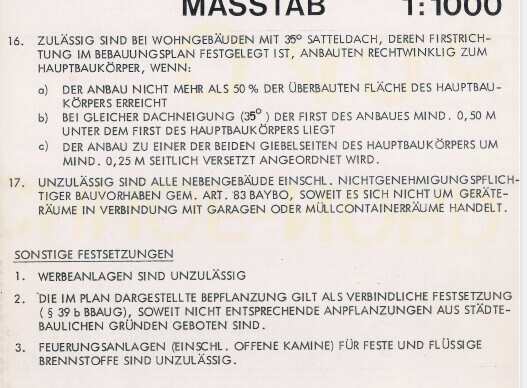 Seite eines Bauvorschriften-Dokuments mit Regeln zu zulässigen und unzulässigen Bauweisen.