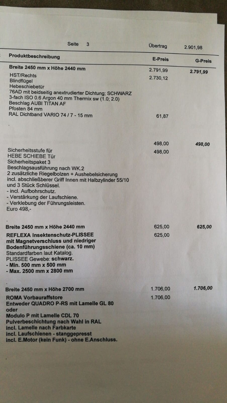 Seite einer Bauofferte mit Produktbeschreibung, Preisen und technischen Details
