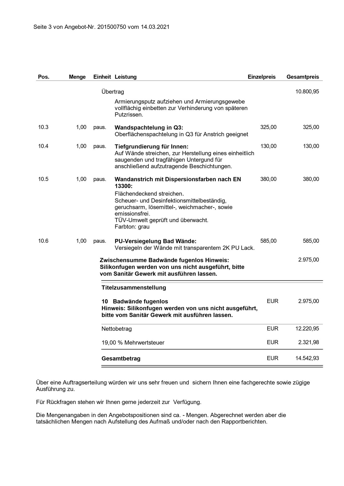 Seite 3 eines Angebots mit Positionen, Mengen und Preisen für Malerarbeiten