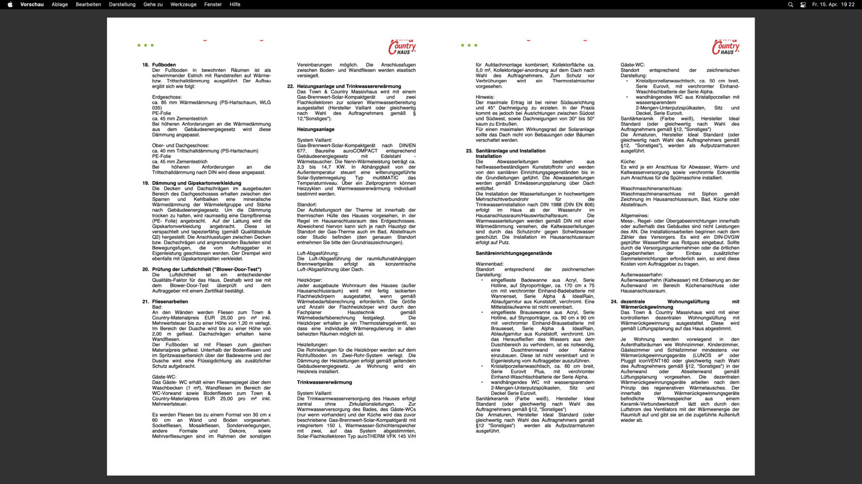 Vier Spalten Textseite aus einem Bauhandbuch mit Abschnitten zu Fußboden, Dämmung und Sanitär.