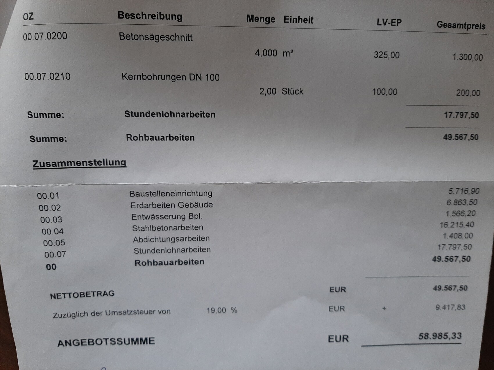 Bau-Rechnung: Betonsägeschnitt, Kernbohrungen DN 100, Mengen, Preise und Gesamtbetrag EUR 58.985,33