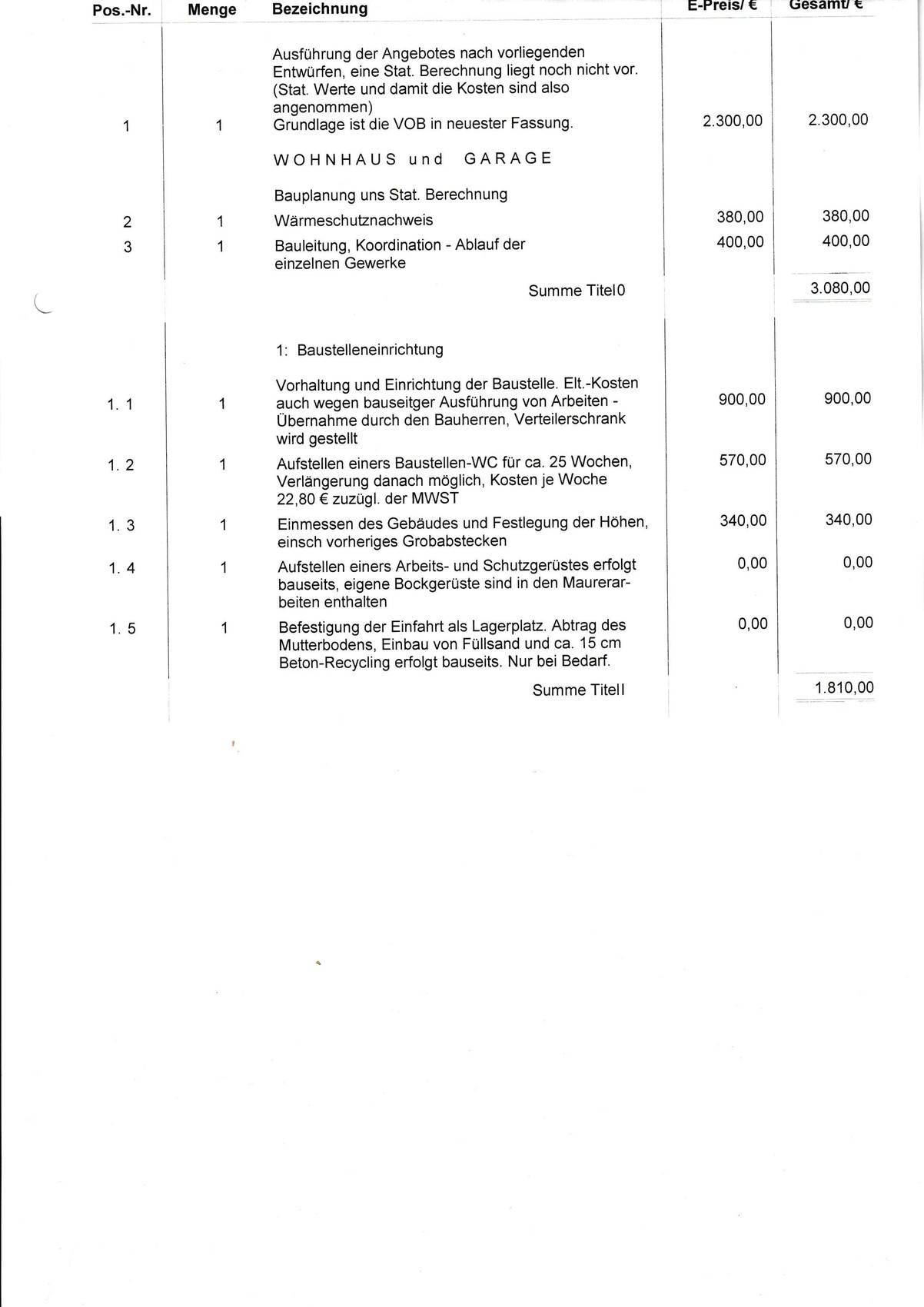 Baukostenliste: Tabellenlayout mit Positionen, Mengen und Summen.