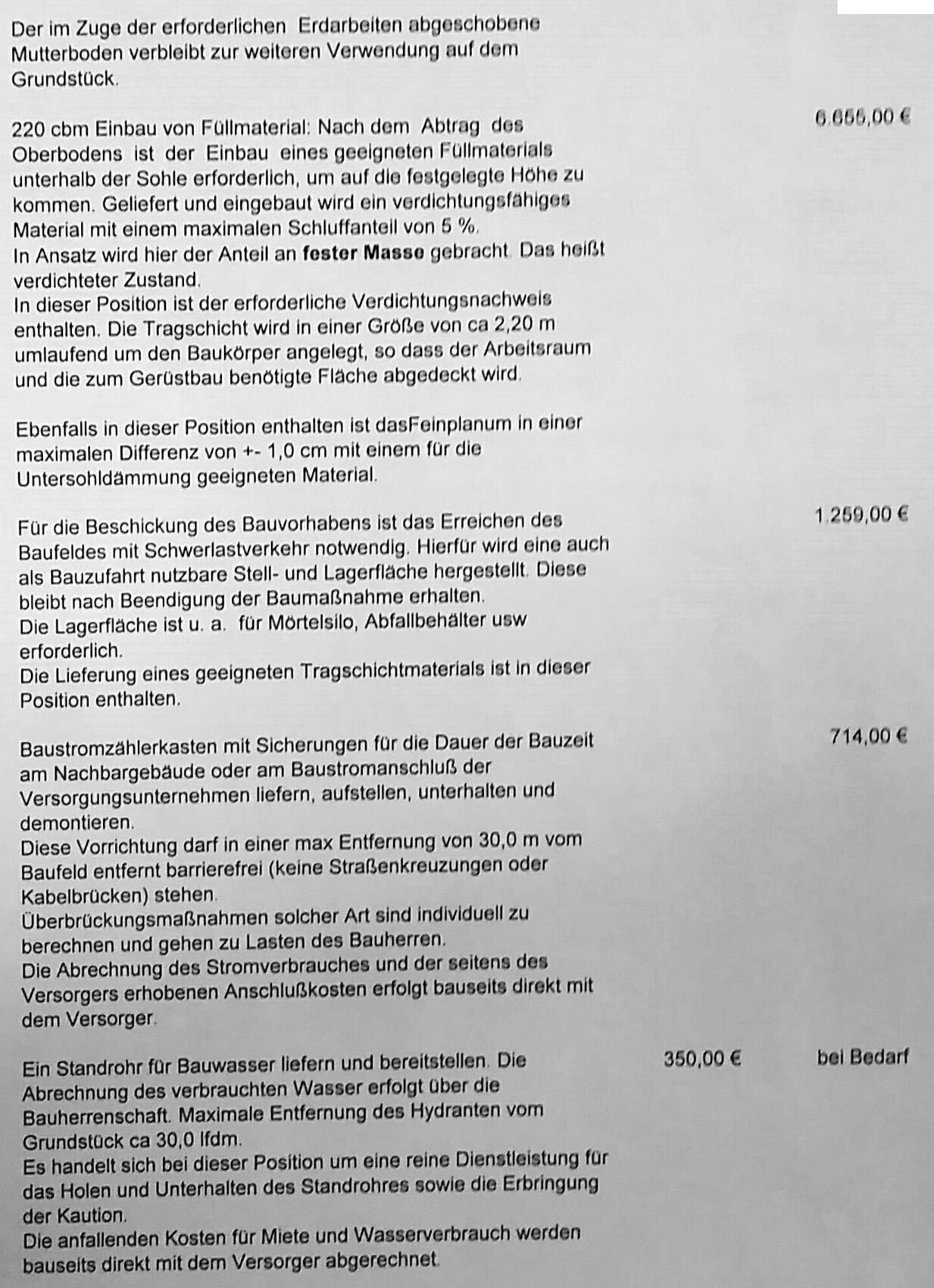 Bauleistungsdokument: Text zu Erdarbeiten, Füllmaterial, Verdichtung und Preisen.