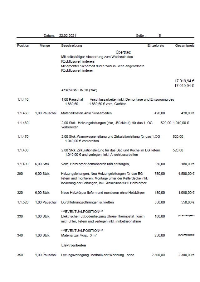 Positionen und Preise für Installationsarbeiten (Kostenvoranschlag, 22.02.2021, Seite 5).