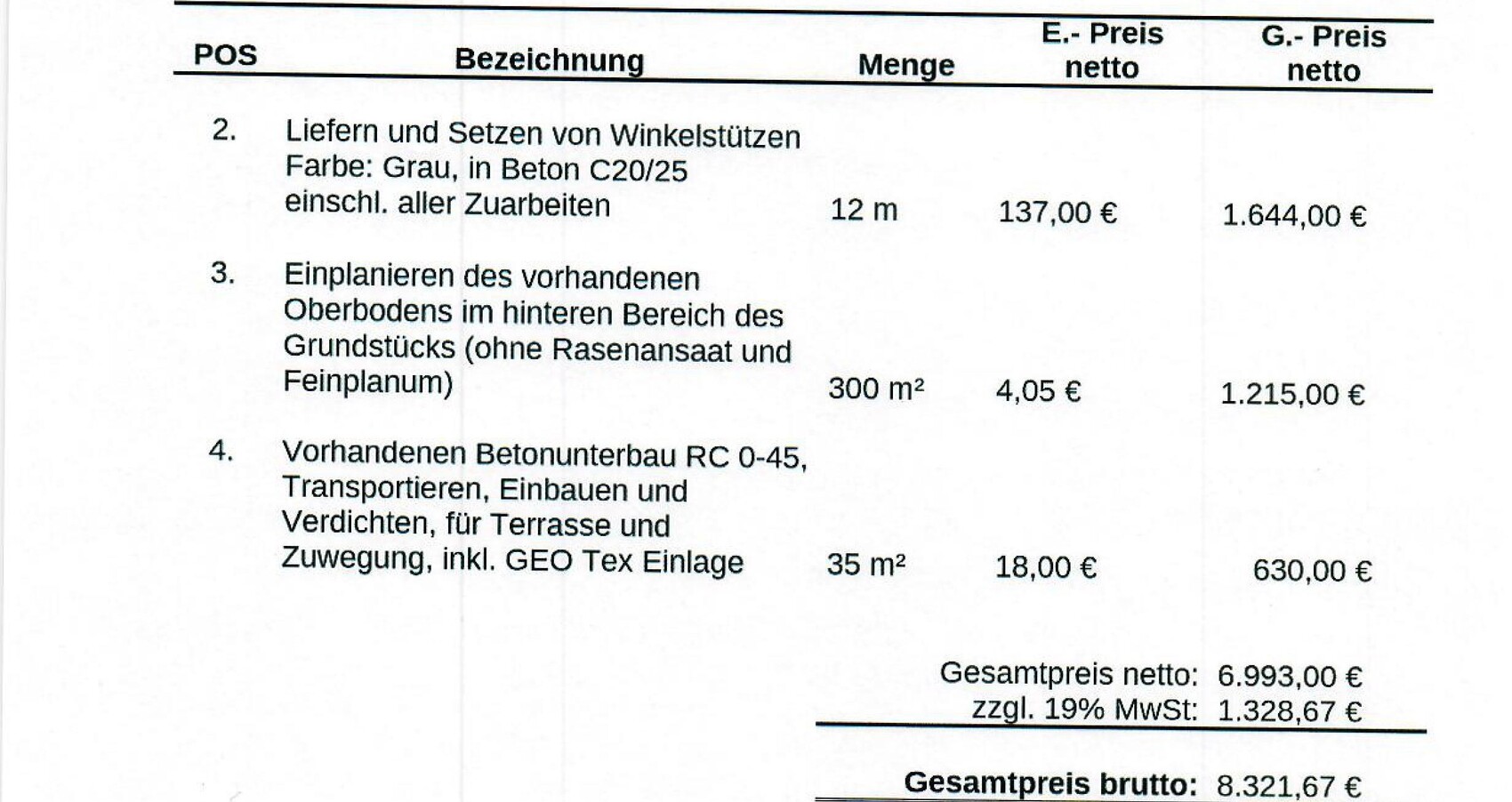 Ausschnitt einer Rechnung mit Betonarbeiten: Positionen, Mengen und Preisen inkl. Gesamtbetrag.
