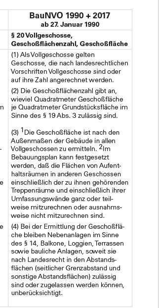 Dokumentseite zur BauNVO 1990+2017 mit Regeln zu Vollgeschossen und Grundflächen.