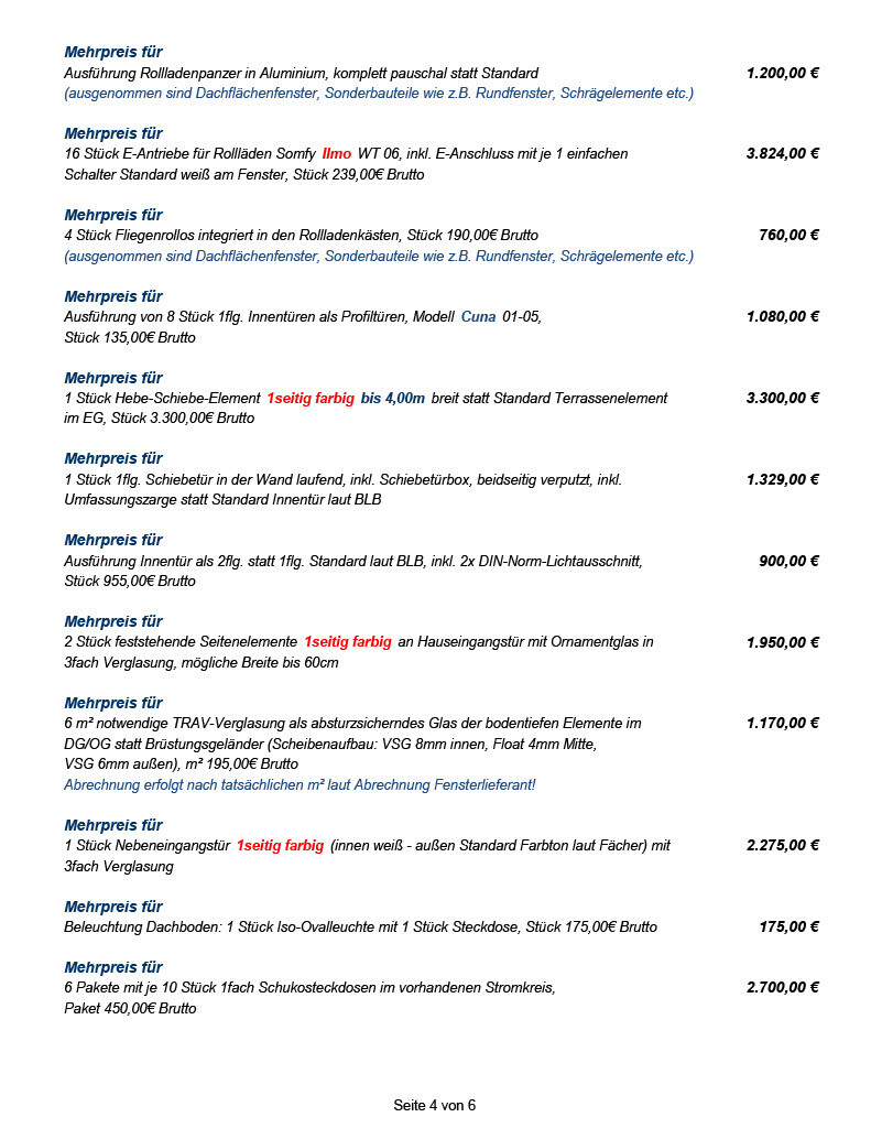 Preisliste mit Mehrpreisen für Fenster, Türen und Rollläden im Bauprojekt