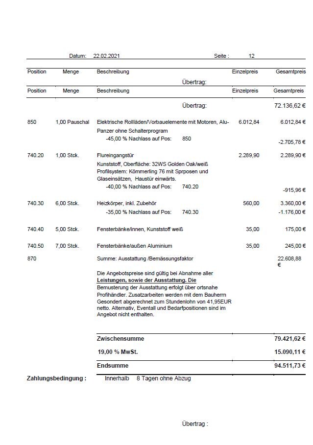 Rechnung mit Posten: Elektrische Rollläden, Flureingangstür, Heizkörper, Fensterbänke.