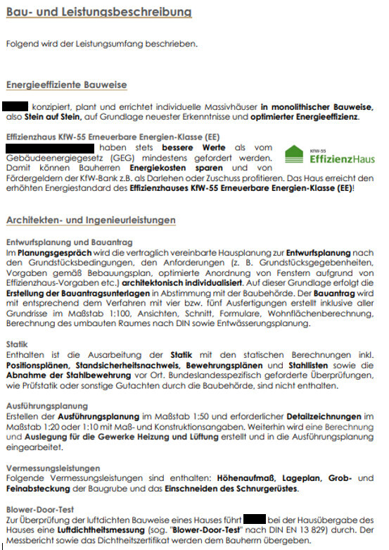 Dokument mit Bau- und Leistungsbeschreibung; Fokus auf energieeffiziente Bauweise