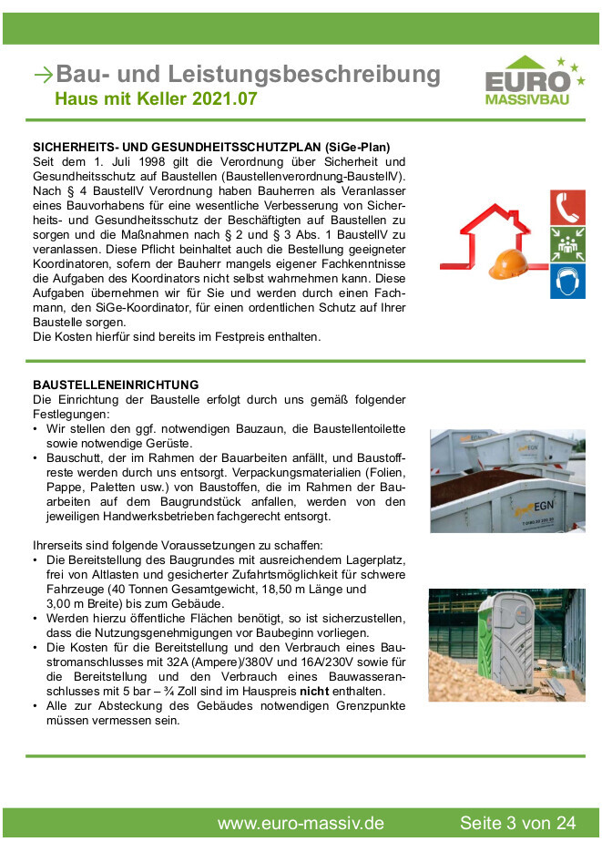 Baustellen-Informationsblatt mit Logo EURO MASSIVBAU und Fotos von Helm und Toilette.