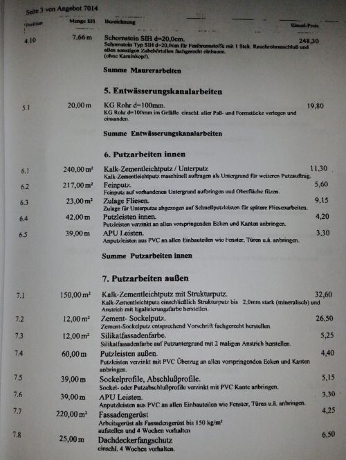 Bauabrechnungsseite mit Positionen und Preisen, Textliste