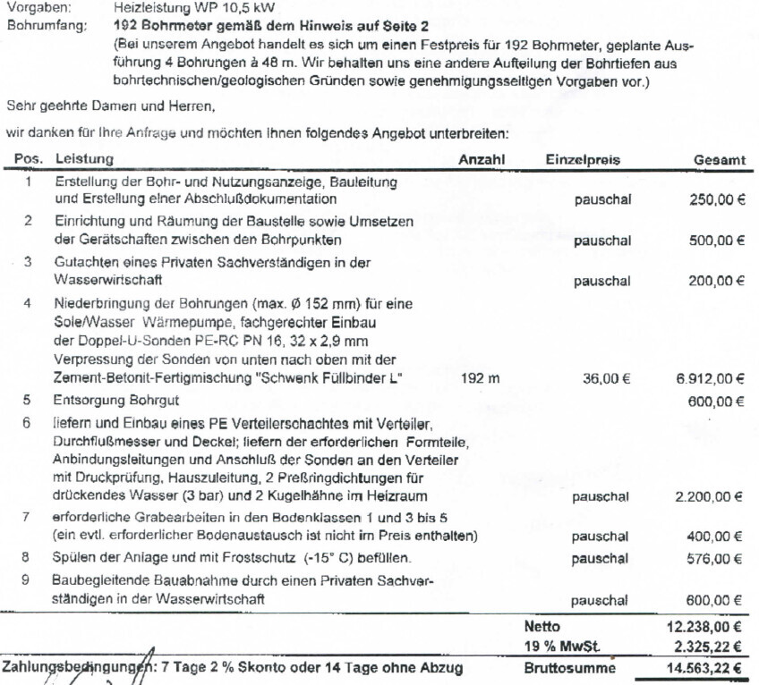 Schwarz-weißes Bauangebot mit Bohrungen, Heiztechnik und Wärmepumpe