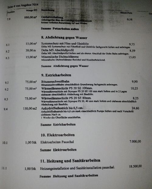 Scan einer Baukostenliste mit Abdichtung, Estrich, Heizung und Sanitärarbeiten.