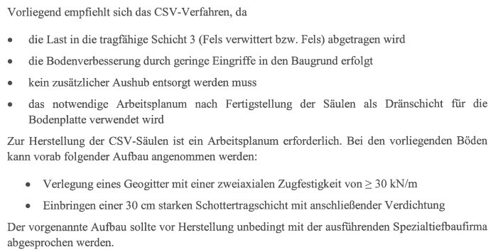 Textdokument mit Baubeschreibungen, Bulletpoints zu CSV-Verfahren und Bauabläufen