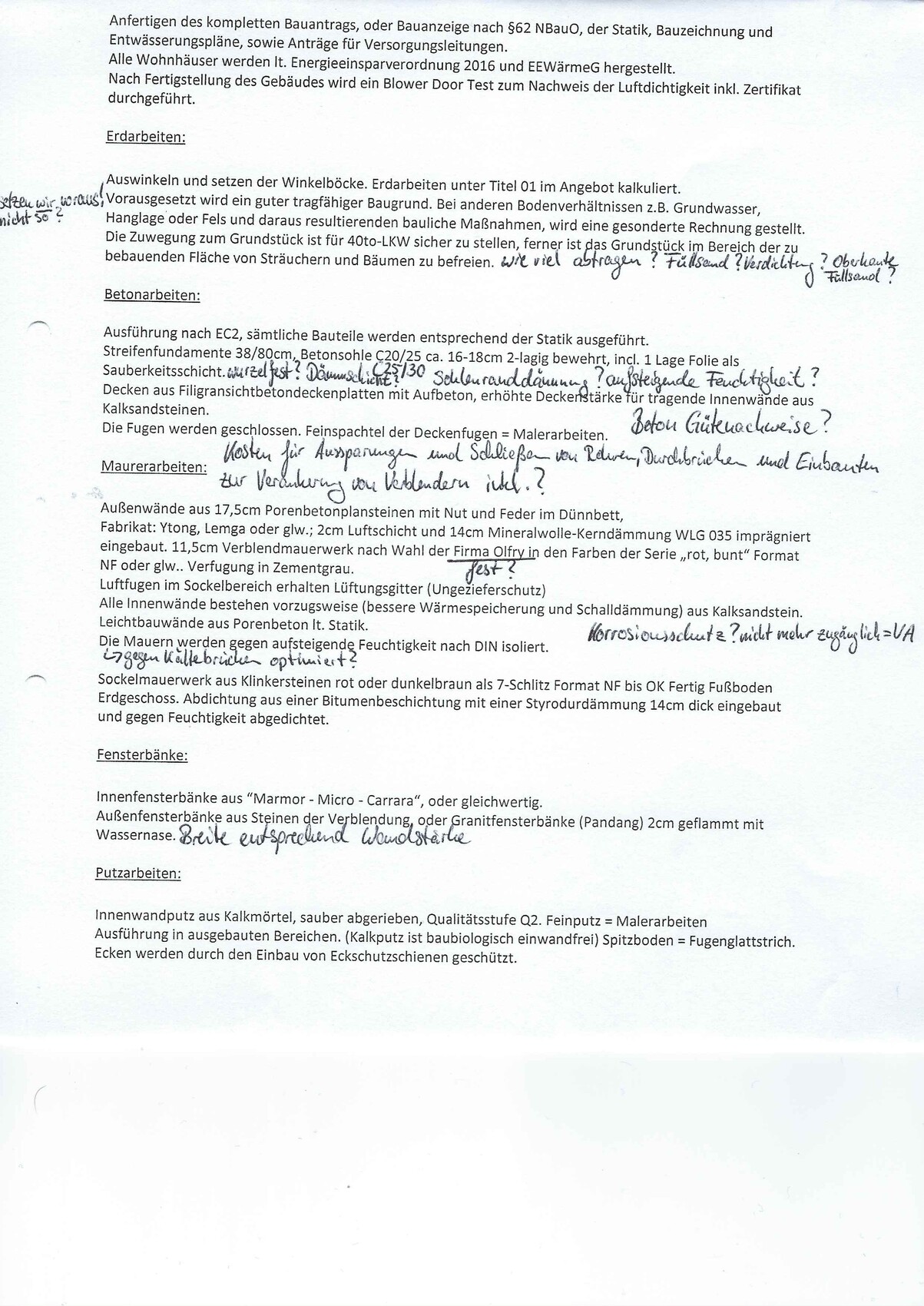 Dokumentseite zum Bauantrag mit Rohbau- und Erdarbeiten Notizen