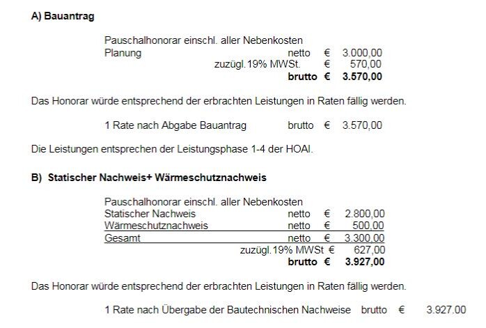 Kostenaufstellung zum Bauantrag mit Netto 3.000 €, MwSt 570 €, Brutto 3.570 €.
