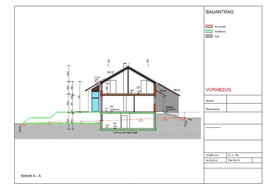 Schnitt A-A eines Einfamilienhauses mit Fundament, Rohbau und Garage im Bauantrag.