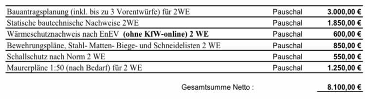 Kostenübersicht Bauvorhaben: Planung, Nachweise, Wärmeschutz, Bewehrung, Schallschutz; 8.100,00 €