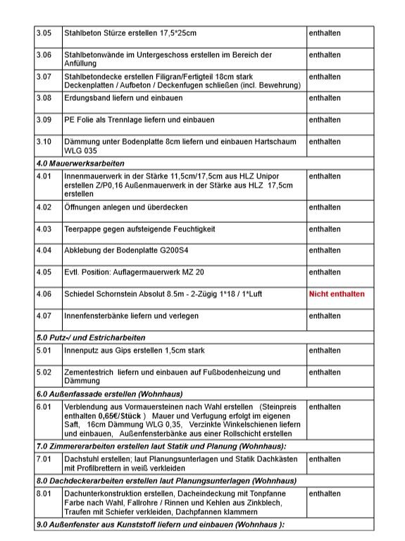 Tabelle mit Bauarbeiten wie Stahlbeton und Mauerwerksarbeiten aus einem Bauplan-Dokument