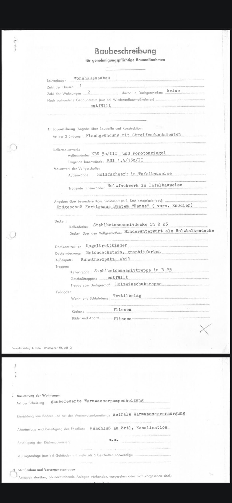 Scan eines Baubeschreibungsdokuments mit Grundriss- und Bautechnikangaben.